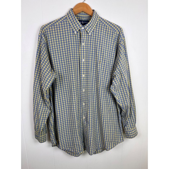 Ralph Lauren Blake Mens Large Yellow Blue Plaid Button Down Long Sleeve Shirt - Picture 1 of 7